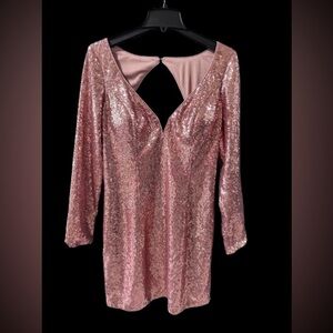 Dancing Queen Rose Gold Sequin Long-Sleeve V-Neck Dress